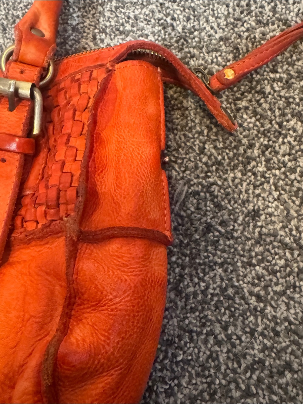 Mary Frances Orange Leather Handbag Woven Patchwork Satchel Purse Boho - Picture 3 of 10